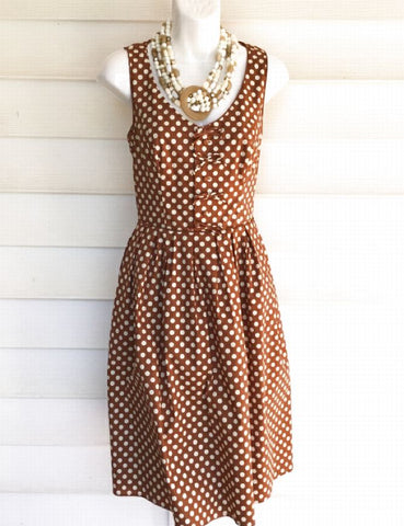 FLORA BEA Brown/Cream Polka Dot Pleated S/L Dress
