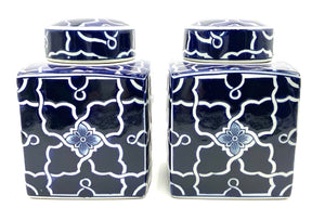 Pair of Blue & White Square Lidded Jars