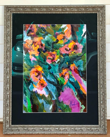"Orange Flowers", Oil on Canvas, Under Glass