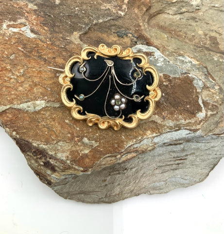 Victorian 10kt Black Enamel with Seed Pearl Mourning Brooch