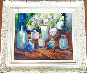 Framed Original Bonnie Flood Oil on Canvas of Perfume Bottles