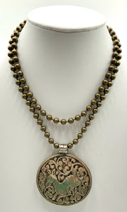 Brass Tone Beaded Necklace with Silvertone Shell Inlay Pendant