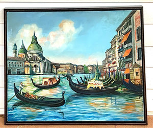 Framed Oil on Canvas of Gondolas in Venice