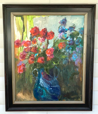"Roses in Blue Vase", Oil on Canvas