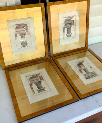 Set/4 Soicher-Marin Architectural Engravings in Burled Wood Frames