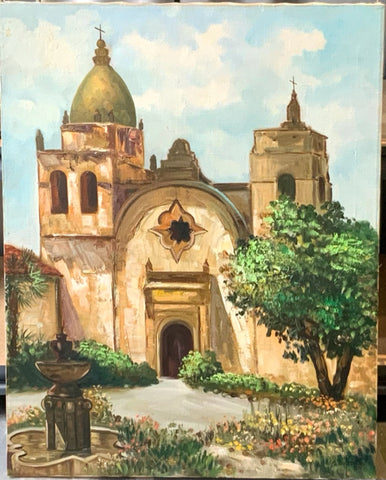 Mid Century Painting of Mission Church Unframed