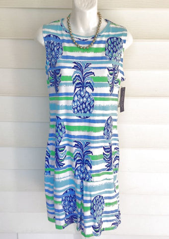 AMELIA QUIN Aqua/Green/White Pineapple Print S/L Dress