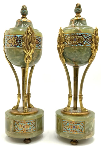 Pair of Green Onyx & French Gilt Bronze Champleve Urns
