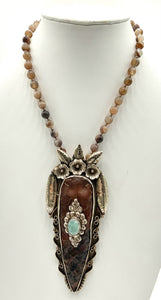 Silvertone Metal & Agate Beaded Necklace with Tibetan Pendant