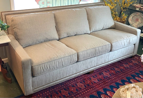 Beige Linen Sofa with Nailhead Trim