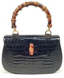 Vintage Croc Embossed Leather Bamboo Handle Turnlock Bag