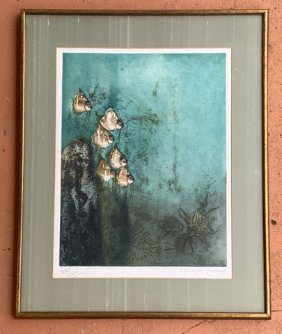 Vintage Kaiko Moti Framed Lithograph of Fish