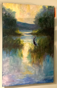 Original Bonnie Flood Oil on Canvas of Heron in Marsh