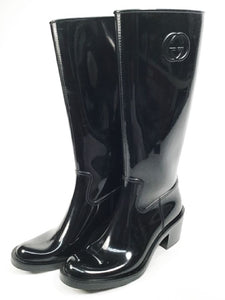 GUCCI Black Rubber GG  Logo Heeled Rain Boots 38