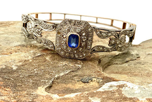 Antique 14kt Gold, Diamond & Sapphire Hinged Bracelet AS IS