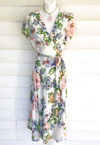 YUMI KIM White/Blue/Coral Floral S/S Wrap Dress