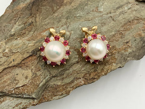 14kt Gold, Diamond, Ruby & Cultured Pearl Clip-On Earrings