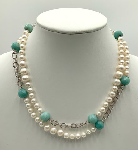 Sterling, Blue Quartz & Pearl Beaded Necklace