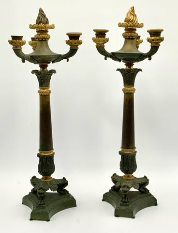 Pair of Antique Verdigris French Bronze Candelabras