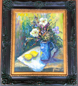 Framed Original Bonnie Flood Oil on Canvas of Flowers in Pitcher