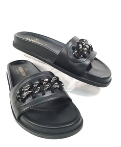VALENTINO Black Leather Suede Chain Inset Slides 38