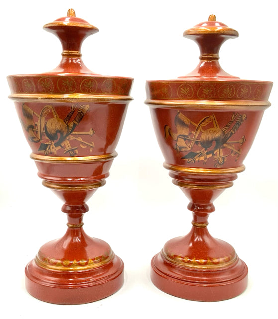 Pair of Maitland Smith Red Urns with Tole Design