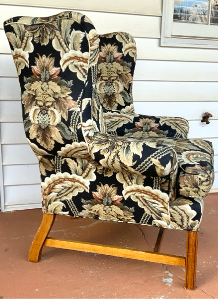 Oversized Wingback Chair with Black & Beige Leaf Motif Fabric