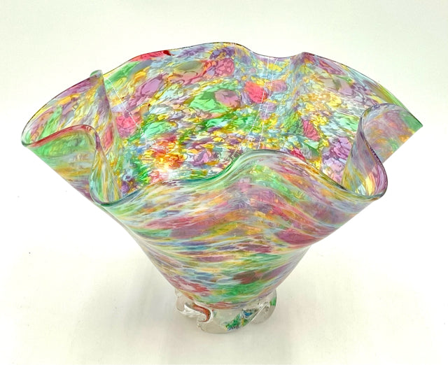 Signed Artisan Handblown Multicolor Vase with Fluted Edge