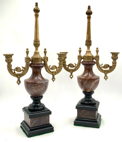 Pair of French Bronze & Marble Candelabras