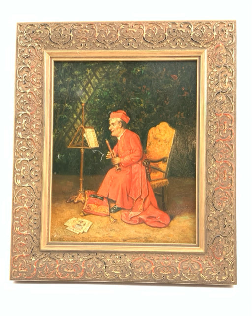 Vintage Italian Oil Painting of Cardinal Playing Instrument
