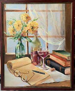 Still Life Flowers & Wine Glass with Wood Frame