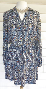 TORY BURCH Blue/White/Rust Geo Print L/S Silk Dress