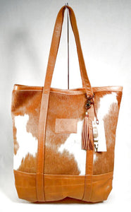 CANOE Tan Leather Brown White Cow Hide Tote