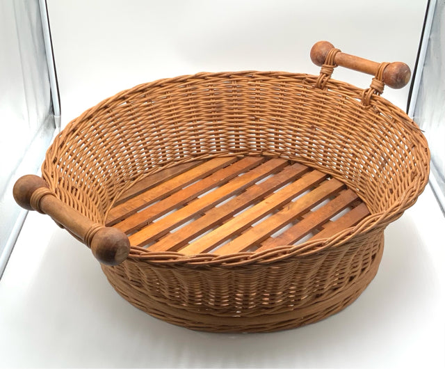 Large Round Wood & Wicker Basket