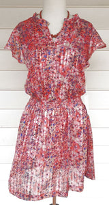 DEAR JOHN Red/Blue Floral Flutter Sleeve Smocked Waist Dress