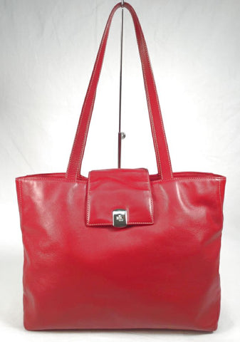 LAUREN Red Leather Silvertone Logo Snap Tote