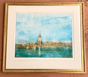 Vintage Kaiko Moti Framed Lithograph of City by Water