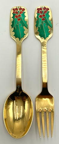 A. Michelsen Gold Vermeil over Sterling Silver Enameled Spoon & Fork Set 1946