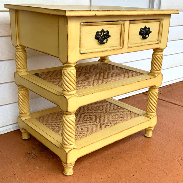 Nadeau Yellow Nightstand with Rattan Shelving