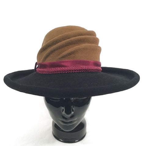 LUMINATA MILLINERY Brown Black Pleated Wool Wine Trim Rolled Brim Hat