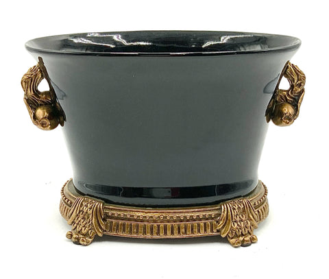 Black Ceramic Cache Pot with Brass Accents
