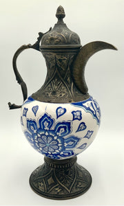 Antique Brass Pitcher With Blue & White Ceramic Design