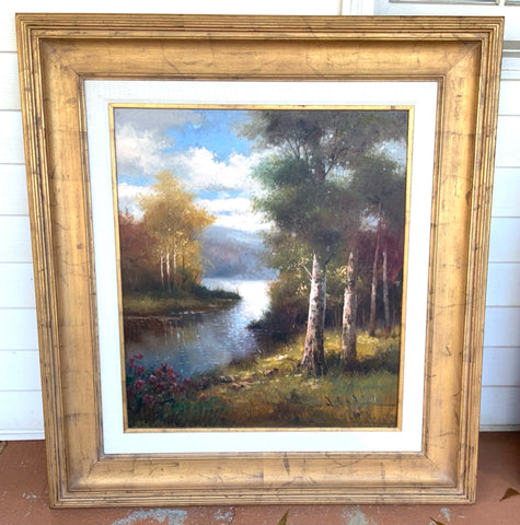 Framed Oil on Canvas of Trees with River