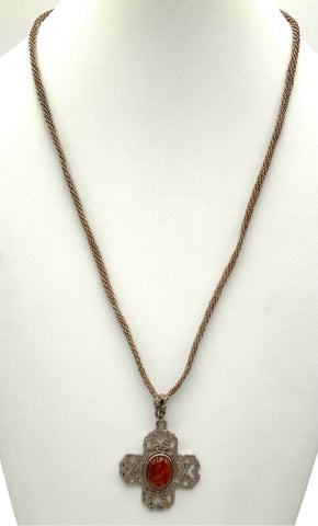 Vintage Silver, Brown Jasper Cross on Sterling Necklace