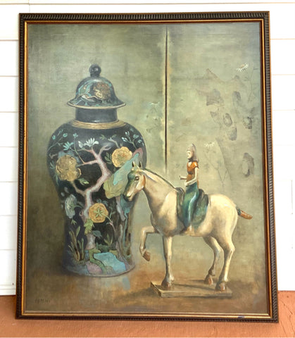 HH Means Oil on Canvas of Ginger Jar with Horse