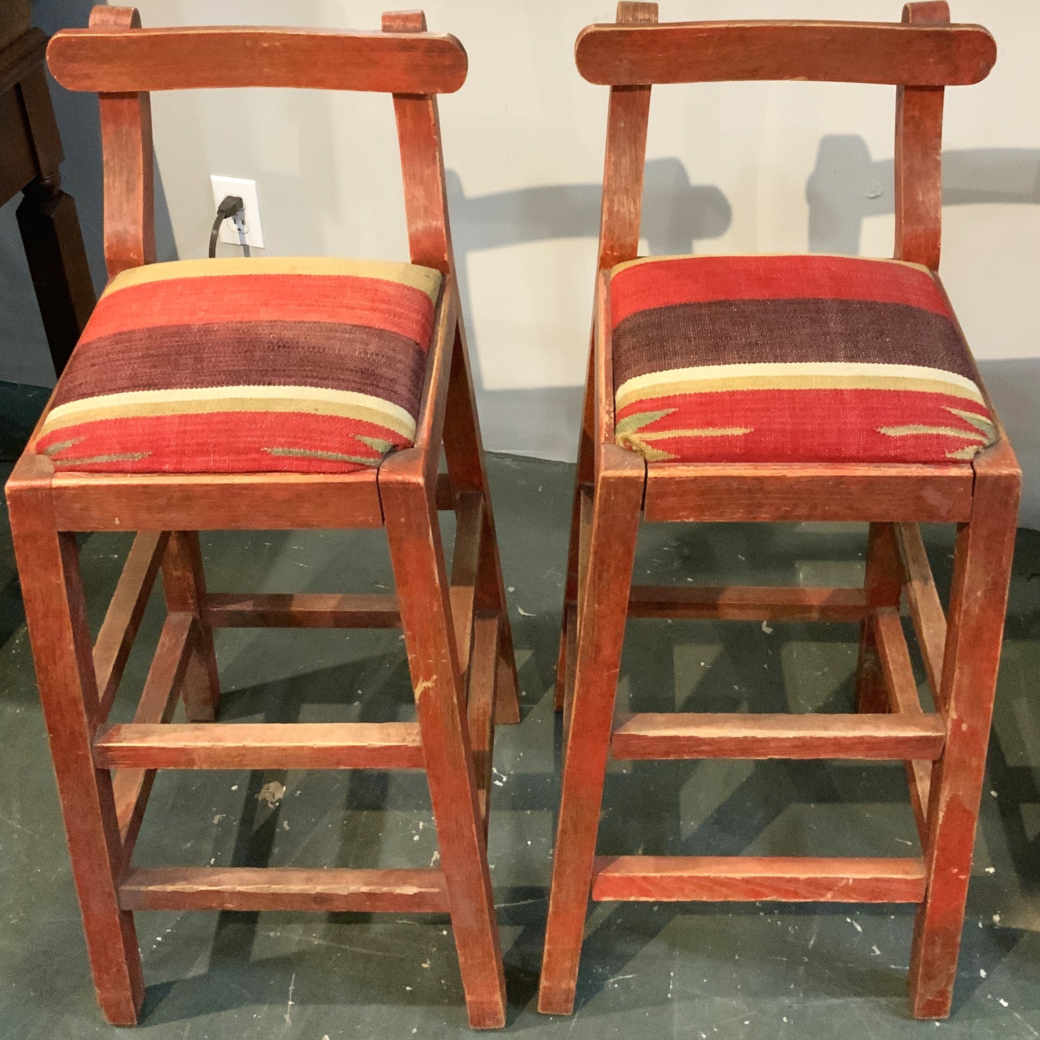 Pair of Small  Rustic Wood Barstools with Stripe Upholstery