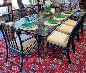 Vintage Rattan Dining Table with Glass Top