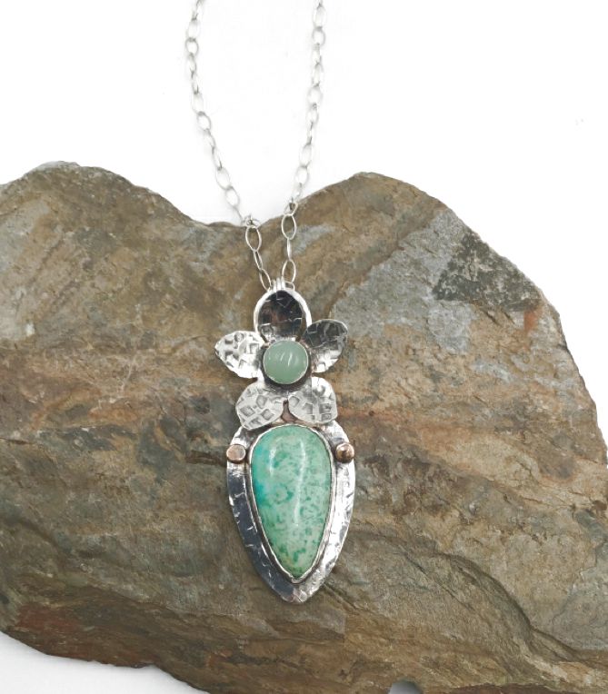 Kim Anchors Jewelry Sterling, Adventurine & Variscite Floral Necklace