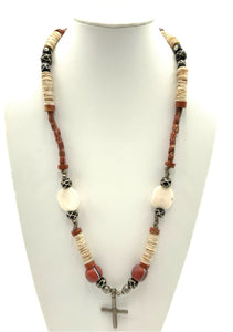 Tribal Style Beaded Necklace with Sterling Cross Pendant