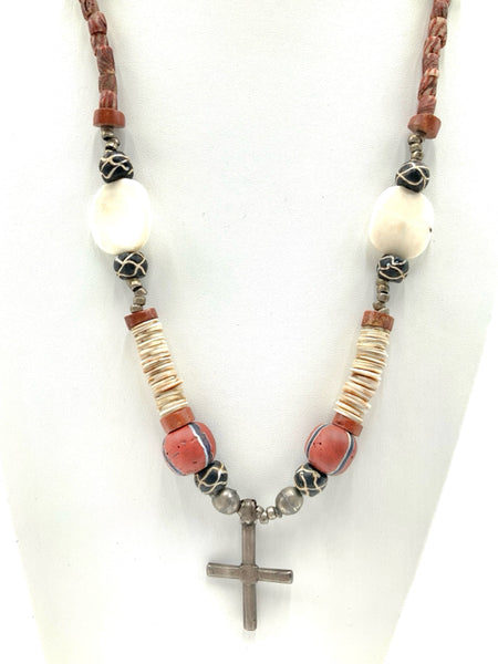 Tribal Style Beaded Necklace with Sterling Cross Pendant